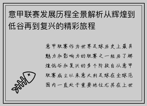 意甲联赛发展历程全景解析从辉煌到低谷再到复兴的精彩旅程 意甲联赛发展历程全景解析从辉煌到低谷再到复兴的精彩旅程