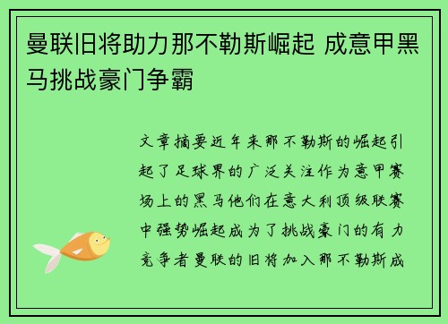 曼联旧将助力那不勒斯崛起 成意甲黑马挑战豪门争霸 曼联旧将助力那不勒斯崛起 成意甲黑马挑战豪门争霸