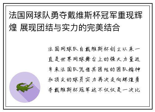 法国网球队勇夺戴维斯杯冠军重现辉煌 展现团结与实力的完美结合