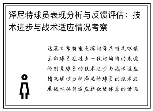 泽尼特球员表现分析与反馈评估:技术进步与战术适应情况考察 泽尼特球员表现分析与反馈评估:技术进步与战术适应情况考察