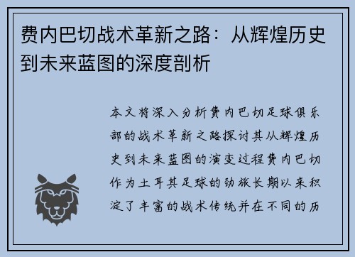 费内巴切战术革新之路：从辉煌历史到未来蓝图的深度剖析