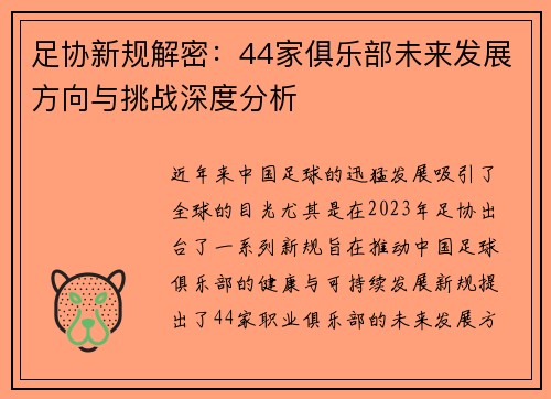 足协新规解密:44家俱乐部未来发展方向与挑战深度分析 足协新规解密:44家俱乐部未来发展方向与挑战深度分析